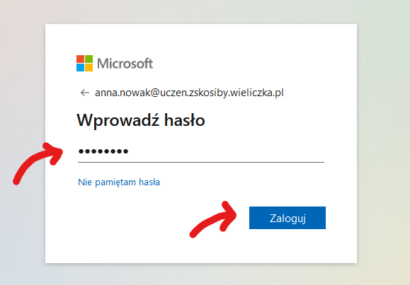 Zrzut ekranu strony logowania Microsoft 365 - wprowadzanie hasła