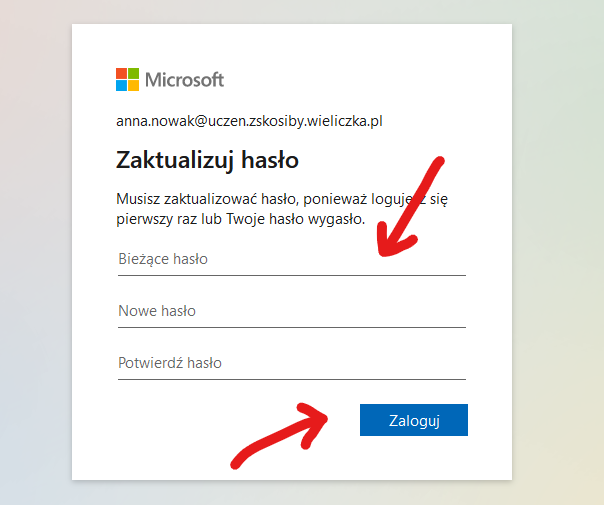 Zrzut ekranu strony logowania Microsoft 365 - aktualizacja hasła