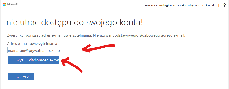 Zrzut ekranu strony logowania Microsoft 365 - wprowadzanie dodatkowego adresu email