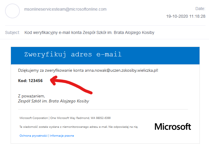 Zrzut ekranu emaila weryfikujacego dla Microsoft 365